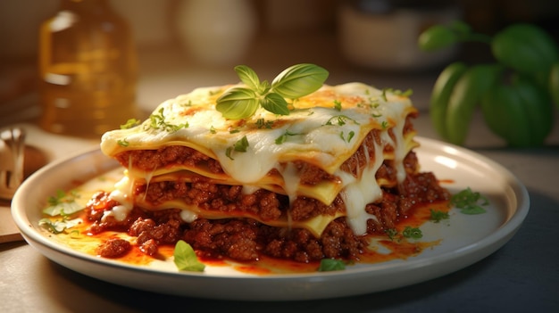 Foto plato de lasagna con salsa bolognese sobre un fondo blanco