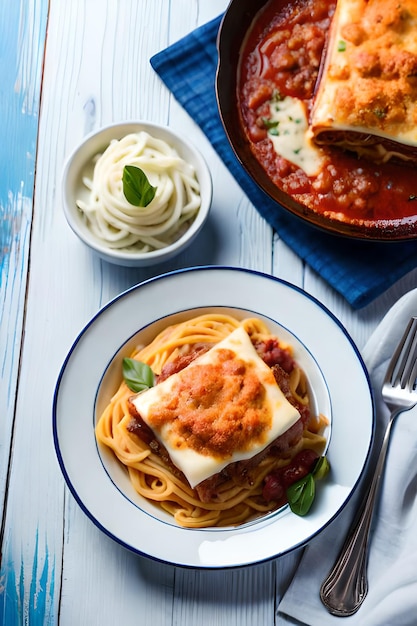 Un plato de lasaña con espaguetis y un plato de espaguetis