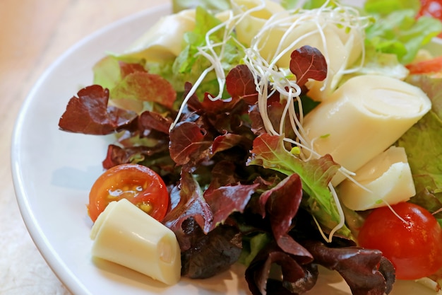 Plato de lechuga fresca roja y verde rubí con ensalada de verano de tomate