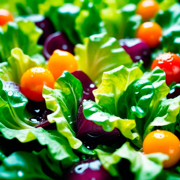 Foto un plato de lechuga con un montón de tomates cereza