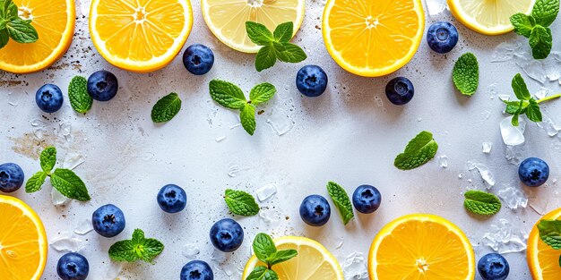 Foto un plato de limones, naranjas y hojas de menta