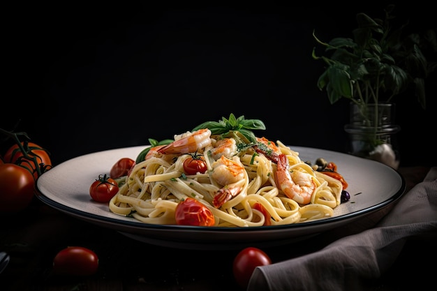 Plato de linguini con gambas y tomates cherry en salsa de vino blanco