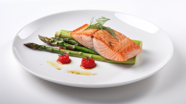 Plato listo de salmón con espárragos y tomates cherry en un plato generativo ai