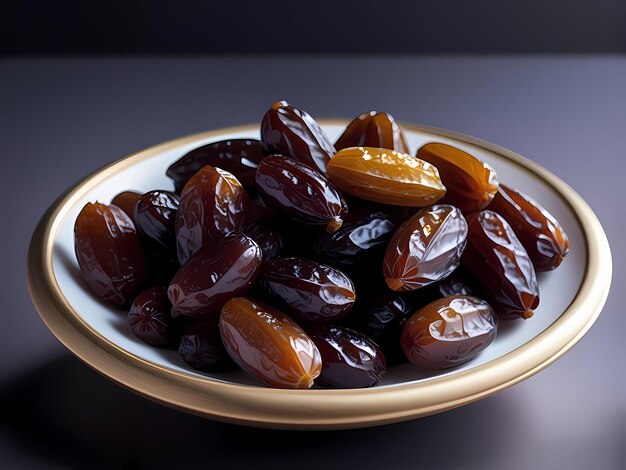 Un plato lleno de dátiles secos en la mesa de iftar en el mes de Ramadán