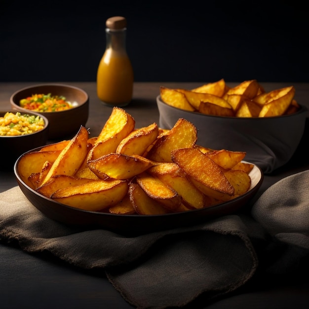 Un plato lleno de gajos de patatas crujientes y doradas