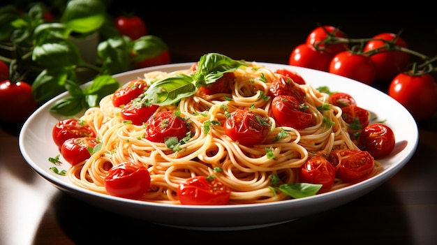 Un plato lleno de pasta de espaguetis con tomates