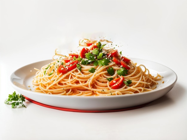 Un plato lleno de pasta de espaguetis con tomates