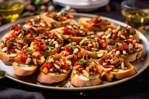 Un plato lleno de una variedad de bruschettas realzadas con piñones