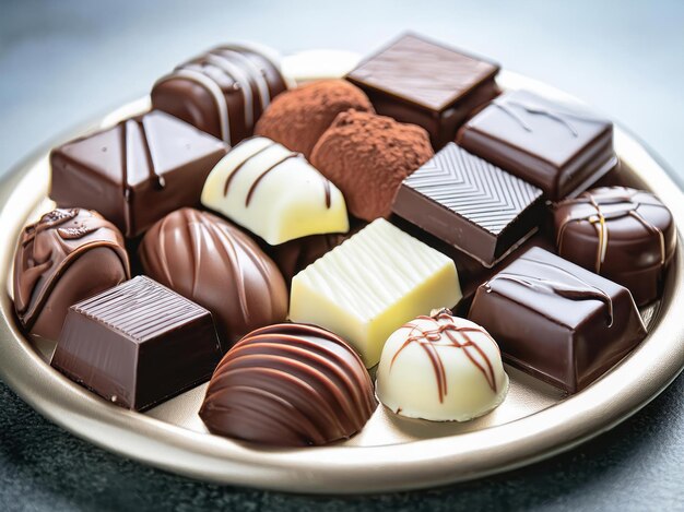 Foto un plato lleno de varios tipos y formas de chocolates