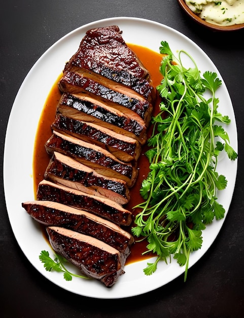 Un plato de lomo de cerdo en rodajas con una guarnición de perejil.