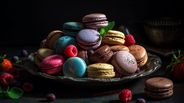 Un plato de macarons con una hoja