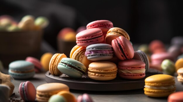 Un plato de macarons se sienta en una mesa.