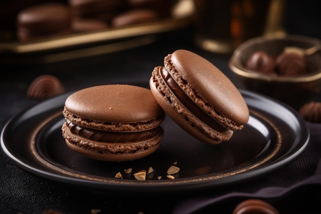 Un plato de macarrones de chocolate en un plato negro