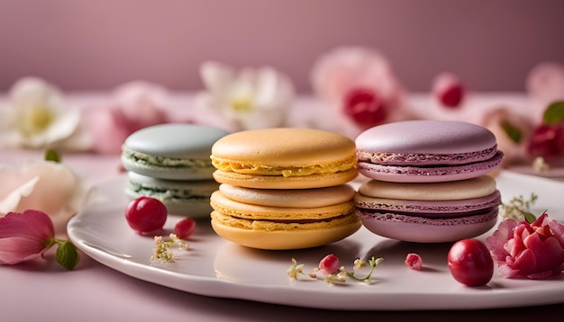 un plato con macarrones de diferentes colores en él