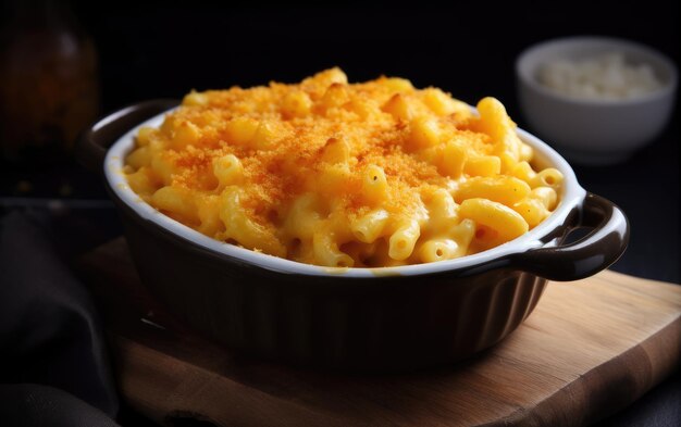 Un plato de macarrones con queso se asienta sobre una tabla de madera.