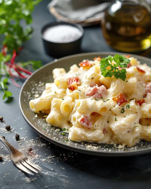 un plato de macarrones y queso con una botella de cerveza