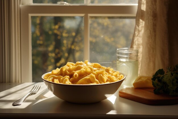 Plato de macarrones y queso caseros frescos y calientes frente a la ventana