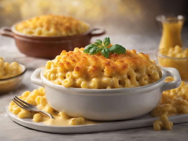 un plato de macarrones y queso con una cuchara al lado.