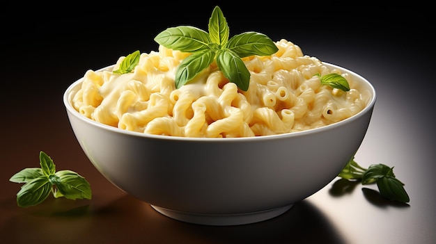 Un plato de macarrones con queso con una cucharada de hojas de menta.