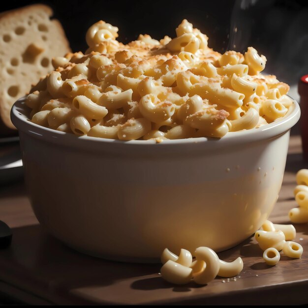 Un plato de macarrones y queso está en la mesa.