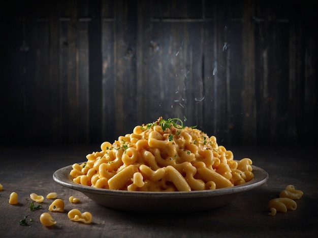 un plato de macarrones y queso con un fondo de madera