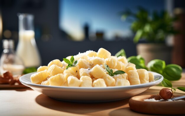 Un plato de macarrones y queso sentado en una mesa