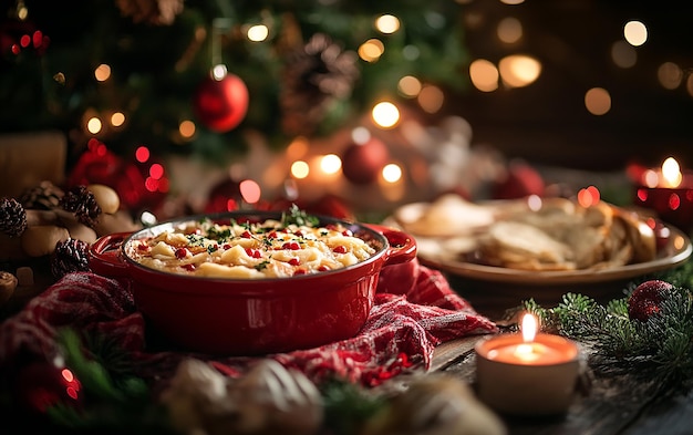 un plato de macarrones y queso se sienta en una mesa al lado de un árbol de Navidad