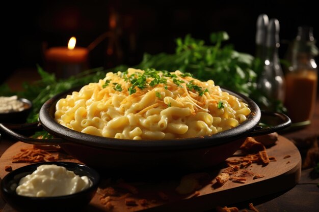 Un plato de macarrones con queso sobre una mesa Imagen ficticia