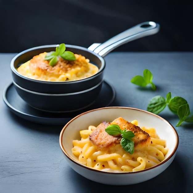 Un plato de macarrones con queso con un trozo de carne encima.