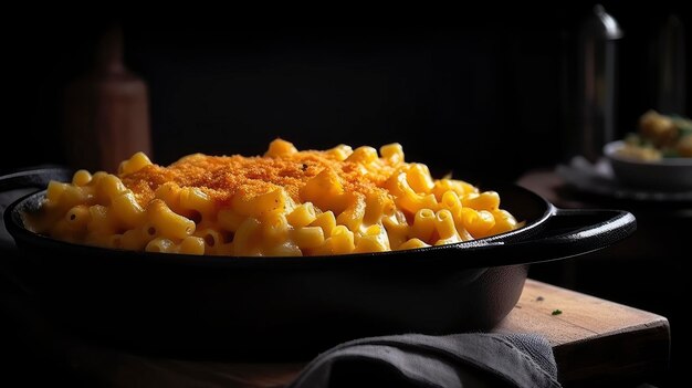 Un plato de macarrones con queso con un vaso de cerveza de fondo.