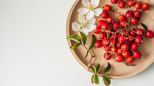 Plato de madera con bayas y flores frescas de rosebud