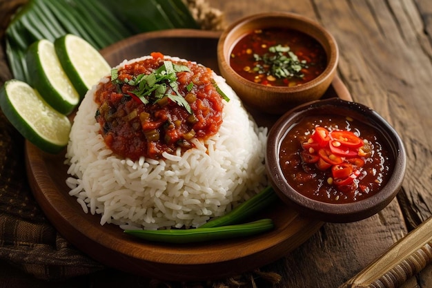 un plato de madera cubierto de arroz y verduras