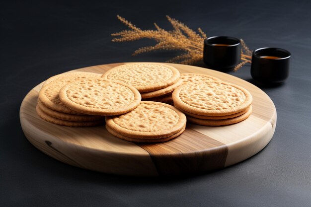 Un plato de madera de deliciosas galletas redondas sobre un fondo de piedra