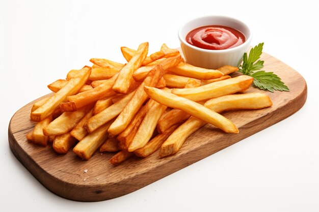 Foto plato de madera de deliciosas papas fritas con ketchup en la parte trasera blanca