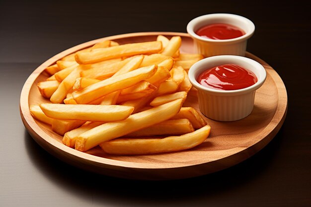 Foto plato de madera de deliciosas papas fritas con ketchup en la parte trasera blanca