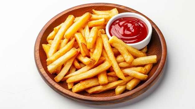 Foto plato de madera de deliciosas papas fritas con ketchup sobre un fondo blanco