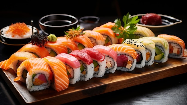 Un plato de madera está lleno de una variedad de coloridas y deliciosas piezas de sushi