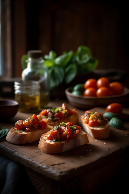 Un plato de madera con pan de tomate y un bol de albahaca sobre la mesa