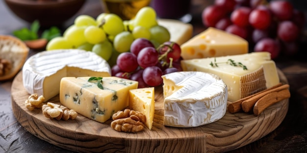 Plato de madera con quesos y uvas variadas.