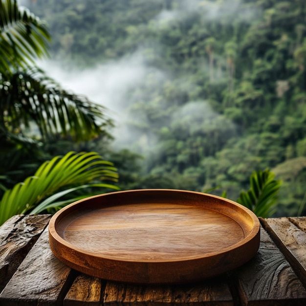 Un plato de madera sobre una mesa de madera frente a un fondo de selva