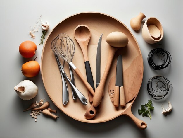 Un plato de madera con una variedad de utensilios de cocina.