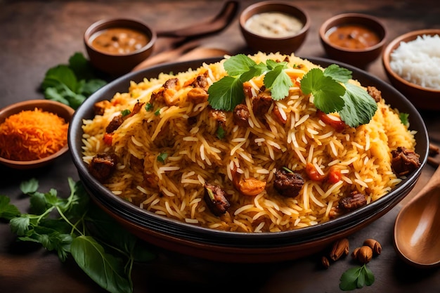 Un plato de Malabar Biryani con su arroz cocinado en leche de coco y especias