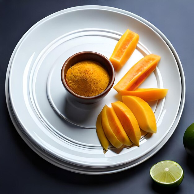 Un plato con mango y mango encima.