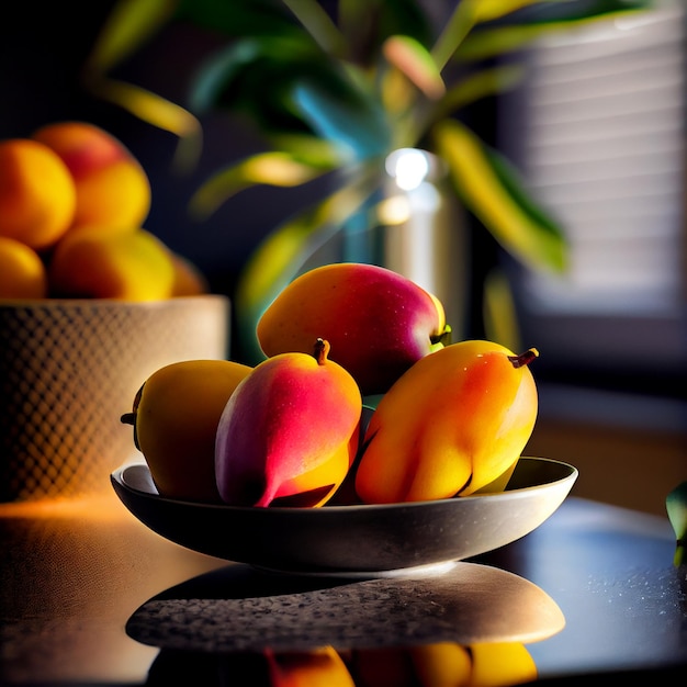 Un plato de mangos se sienta en una mesa con una planta en el fondo.