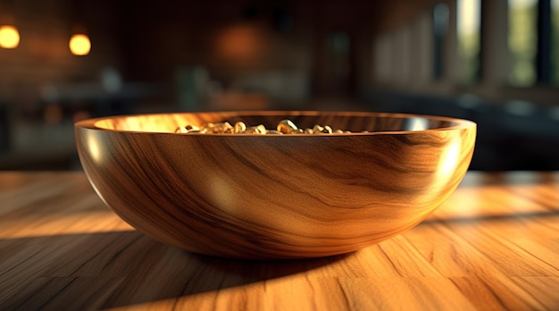 Un plato de maní se sienta en una mesa de madera