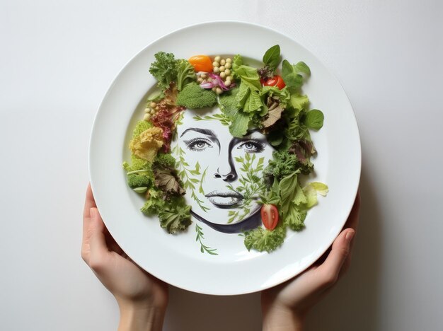 Foto plato de mano con cara de mujer y verduras fondo blanco ia generativa