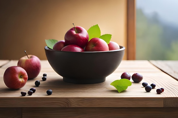 Un plato de manzanas y arándanos sobre una mesa