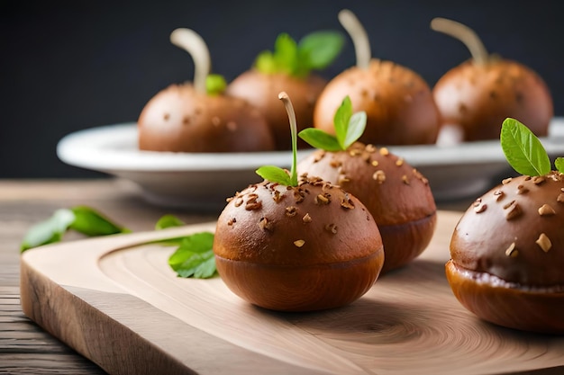 Un plato de manzanas cubiertas de chocolate con brotes