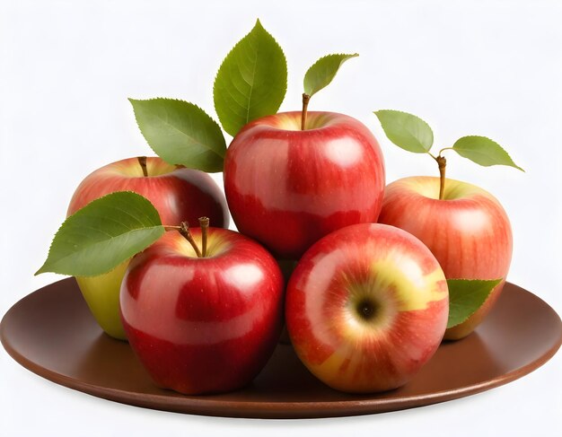 un plato con manzanas y hojas en él con bac blanco