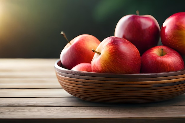 Un plato de manzanas en una mesa de madera